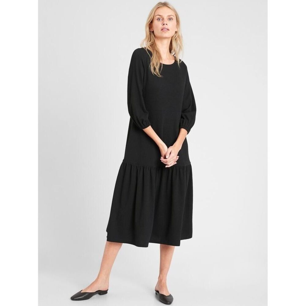 Banana Republic Women's Black Knit Tiered Midi‎ Dress 3/4 Sleeve size XS NWT $90